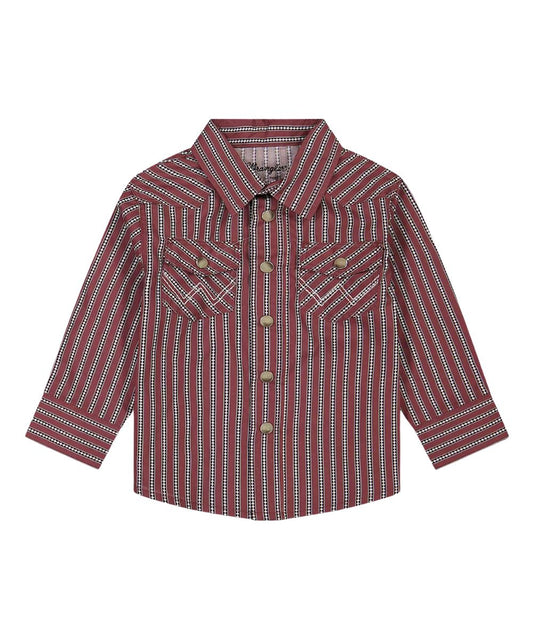 Flat view of the little boy's Wrangler Red Striped Long Sleeve Western Snap Shirt featuring the pearl snaps, western yokes, chest pockets, and geometric striped print
