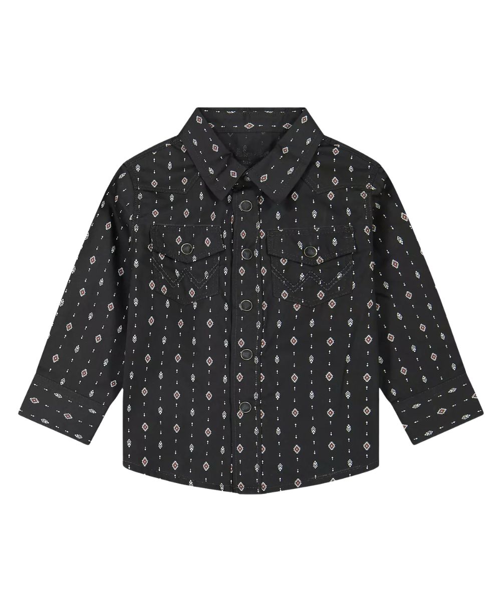 Flat view of the little boy's Wrangler Black Geometric Western Pearl Snap Shirt featuring the long sleeves, chest pockets, and geometric striped print