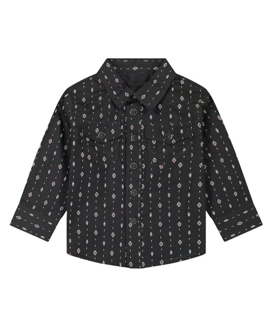 Flat view of the little boy's Wrangler Black Geometric Western Pearl Snap Shirt featuring the long sleeves, chest pockets, and geometric striped print