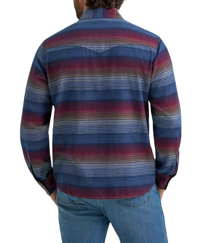 Back view of the men's blue dark americana long sleeve snap shirt featuring the back yoke
