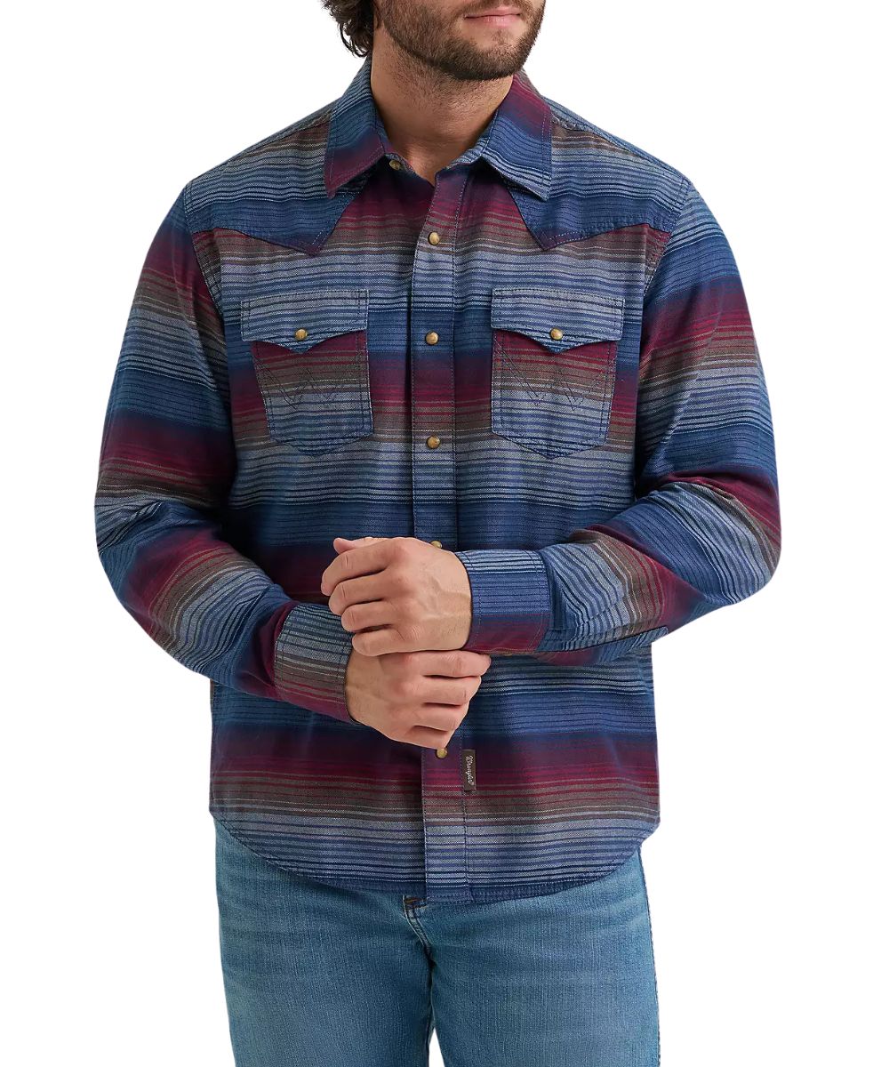 Front view of the men's dark americana long sleeve snap shirt in a slim fit, with chest pockets and western yokes