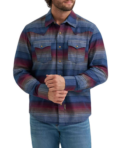 Front view of the men's dark americana long sleeve snap shirt in a slim fit, with chest pockets and western yokes
