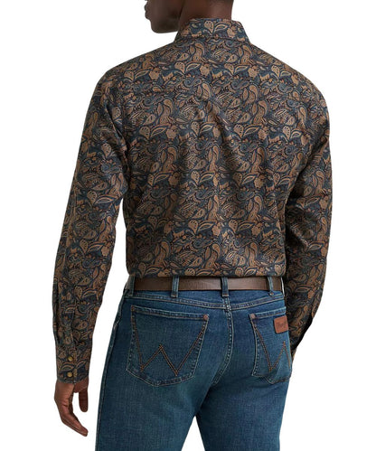 Back view of the men's brown royal scroll printed premium long sleeve snap shirt featuring a single point back yoke
