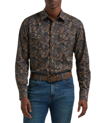 front view of the men's long sleeve western snap shirt featuring a modern slim fit and royal scroll print