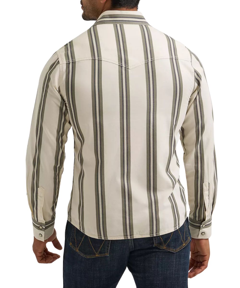 Back view of the men's long sleeve snap shirt featuring the slim fit, western yokes, and green/ecru vertical striped print