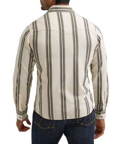 Back view of the men's long sleeve snap shirt featuring the slim fit, western yokes, and green/ecru vertical striped print