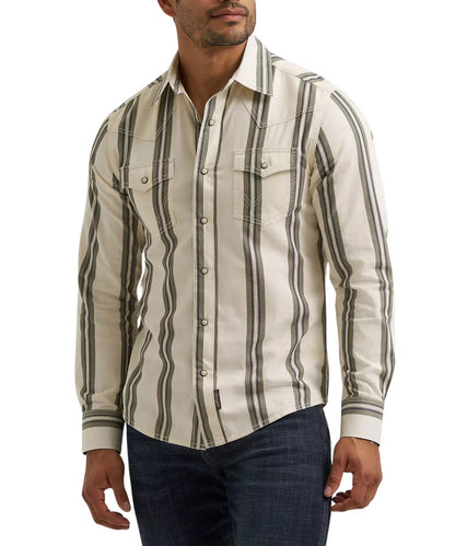 Front view of the men's Wrangler Retro Premium Stripe Western Snap Shirt featuring the slim fit, pearl snaps, and green/ecru striped print