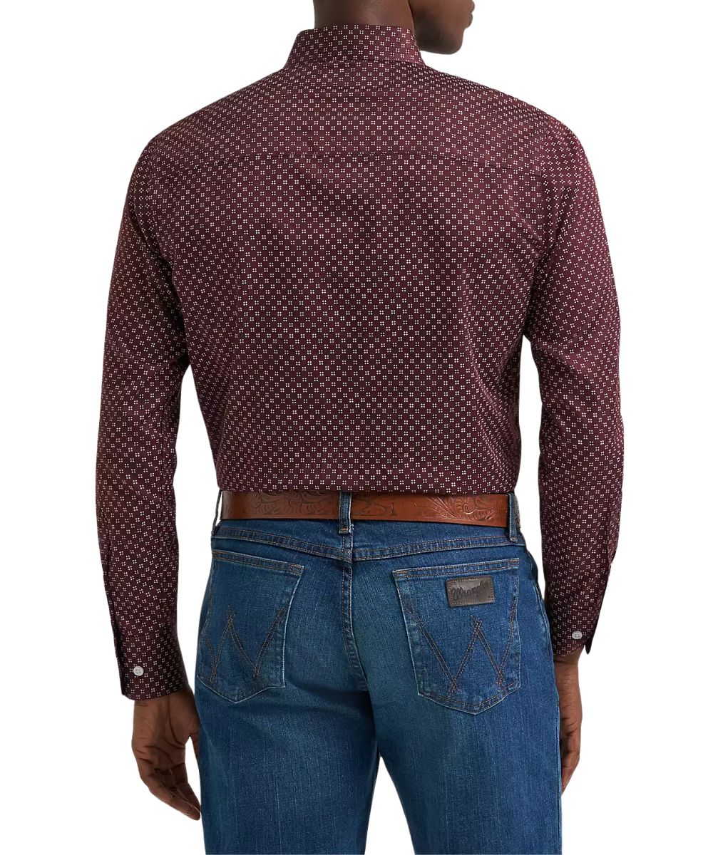 Back view of the men's long sleeve button down shirt featuring the straight back yoke, classic fit, and geometric print