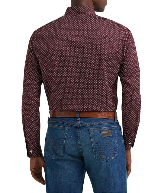 Back view of the men's long sleeve button down shirt featuring the straight back yoke, classic fit, and geometric print