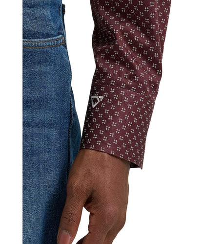 Close-up view of the mitered cuff featuring cody johnson's signature logo embroidery on the men's wine button down shirt