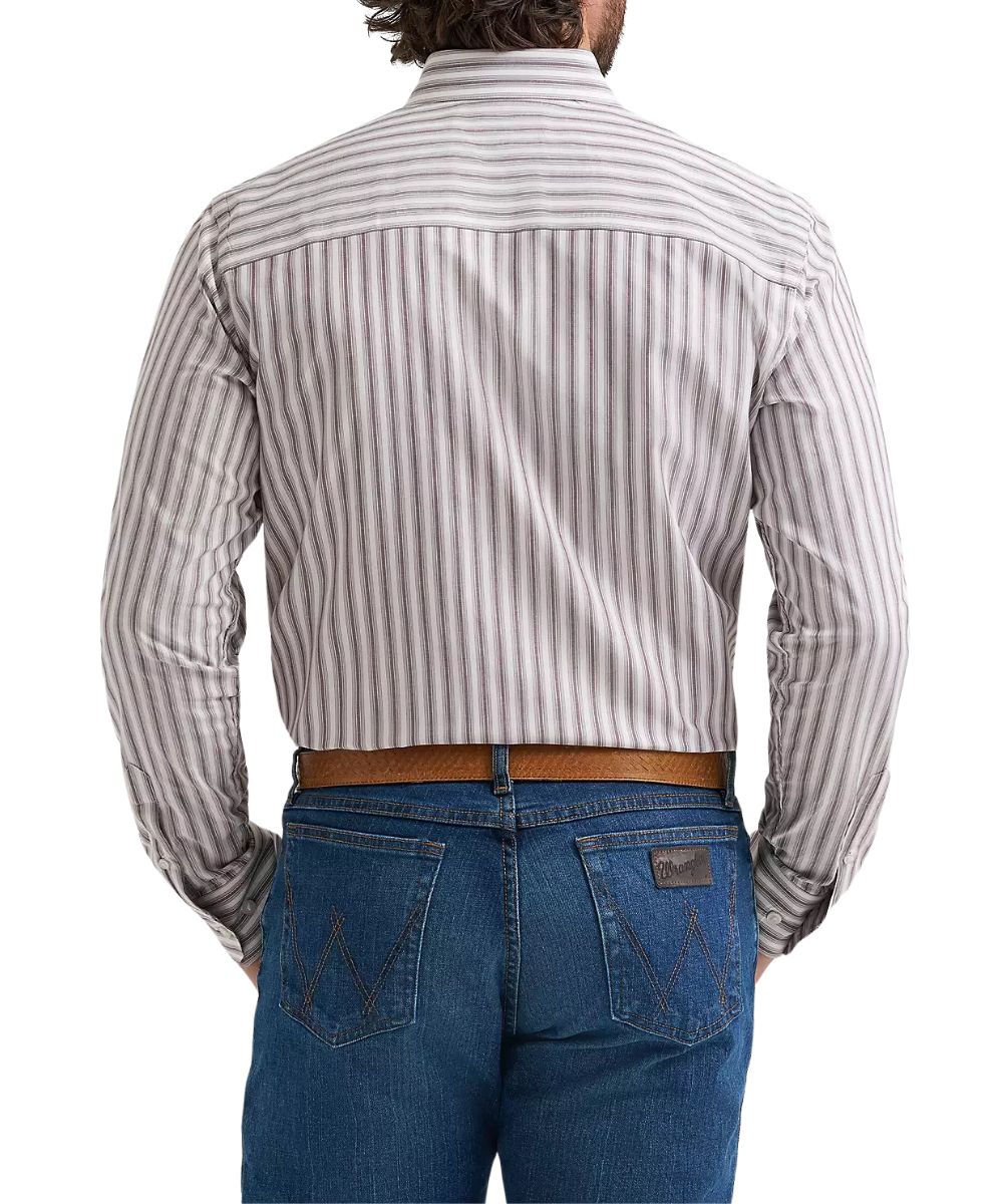 Back view of the men's long sleeve button down shirt featuring the classic fit, straight back yoke, and wine stripes print