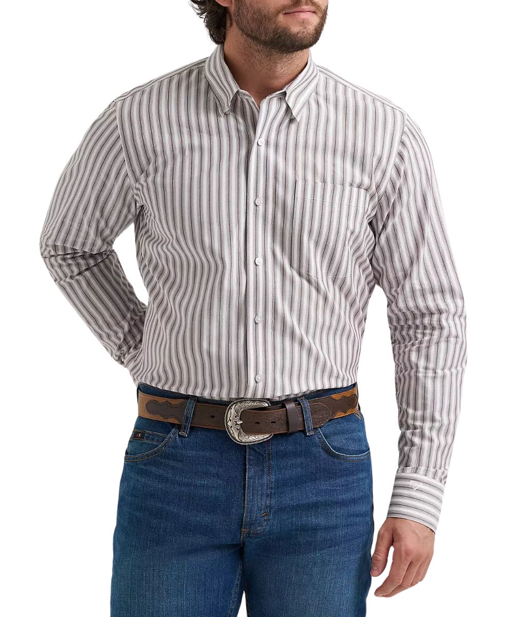 Front view of the men's cody johnson one pocket button down shirt featuring the wine stripes print 