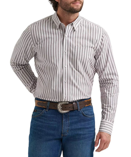 Front view of the men's cody johnson one pocket button down shirt featuring the wine stripes print 