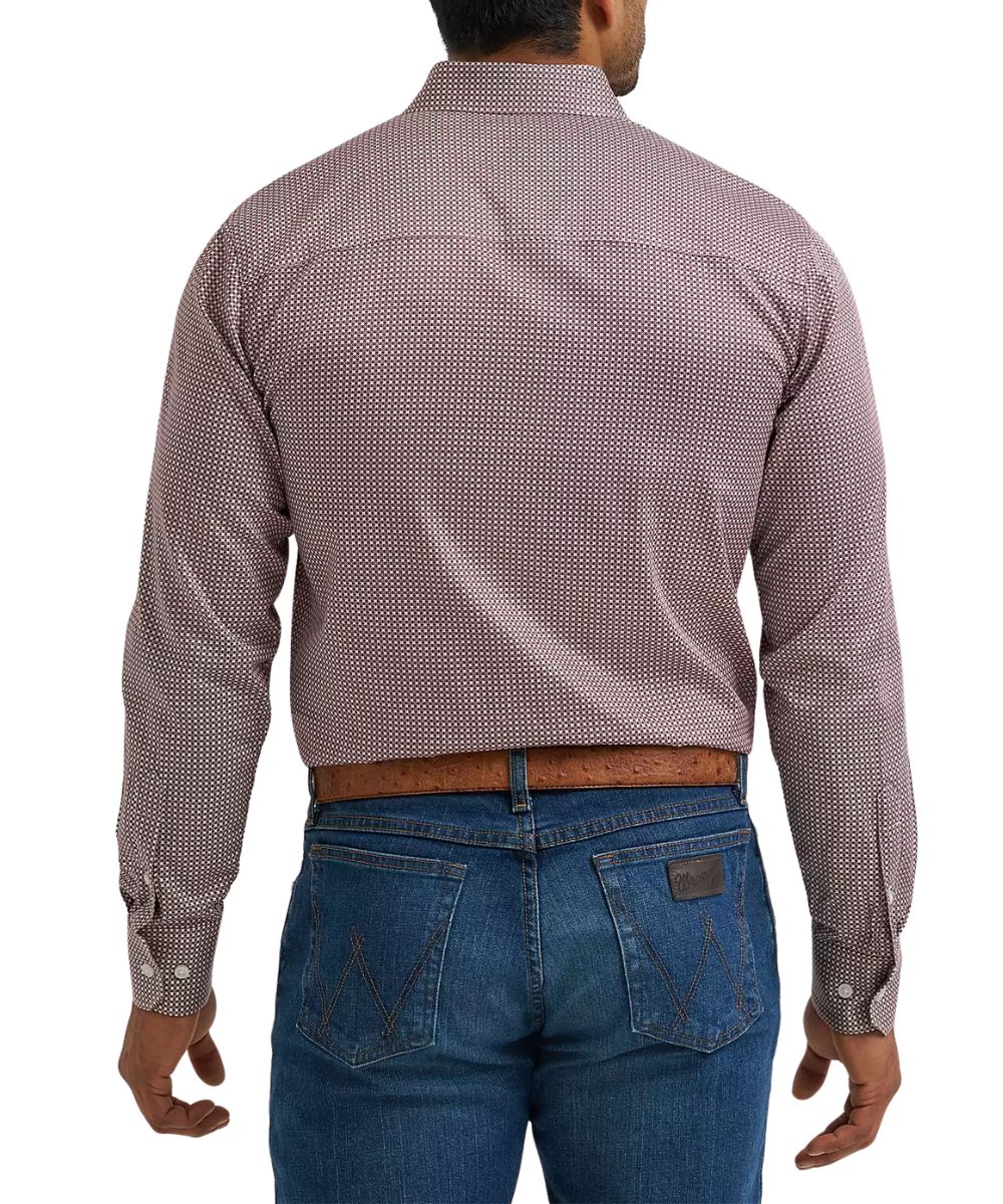 Back view of the men's wine clover button down shirt featuring the classic fit and the straight back yoke