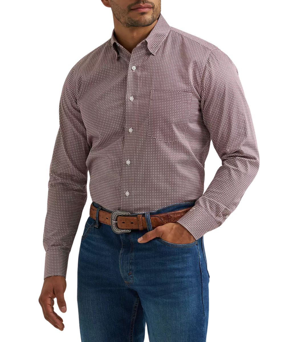Front view of the men's cody johnson one pocket button down shirt featuring the wine clover geometric print
