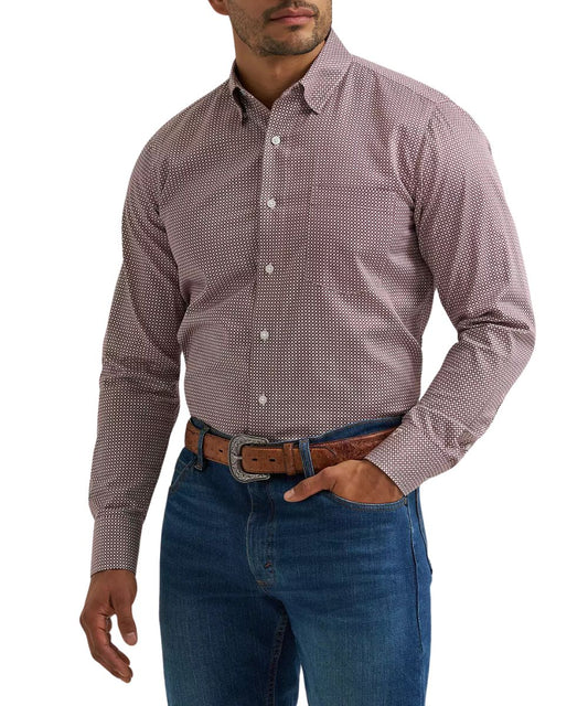 Front view of the men's cody johnson one pocket button down shirt featuring the wine clover geometric print