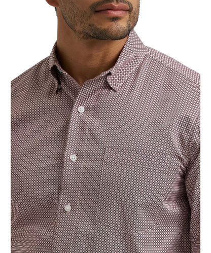 Close-up view of the wine clover print, chest pocket, and hidden button down collar