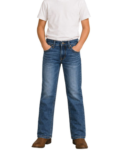 Front view of the boy's dark wash slim boot cut jean