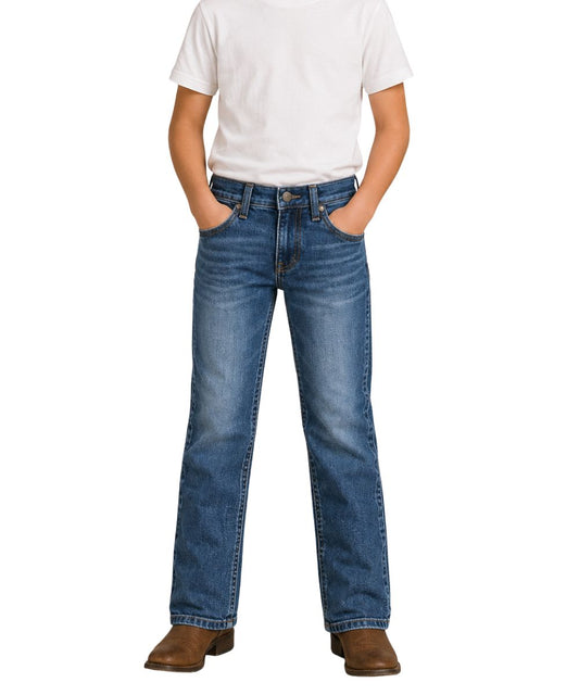 Front view of the boy's dark wash slim boot cut jean