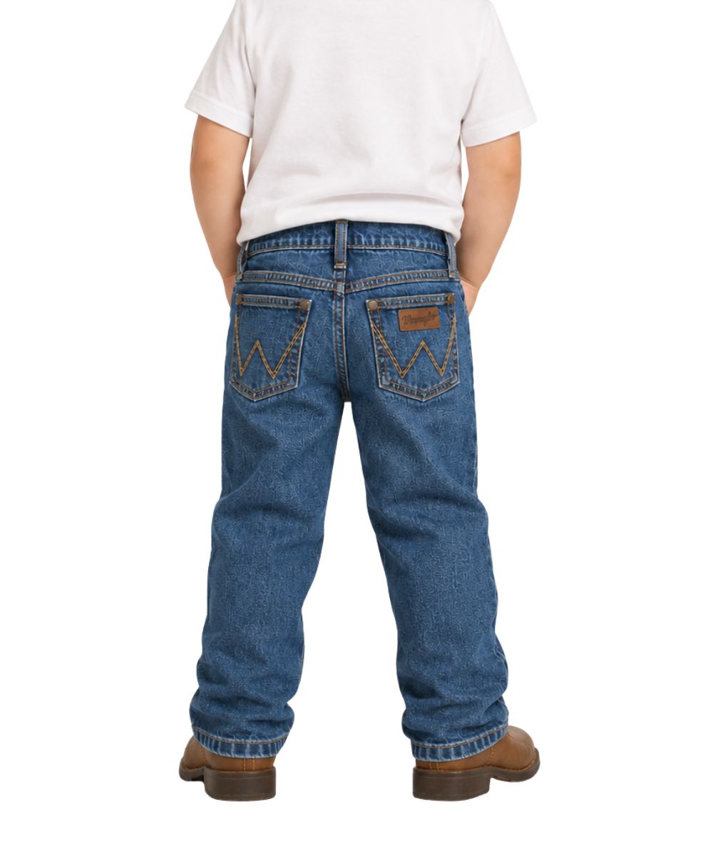 Back view of the toddler boy's retro slim boot cut jean featuring an adjustable waistband in toddler sizing