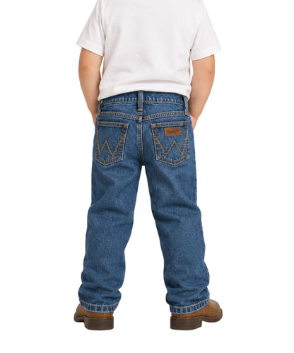 Back view of the toddler boy's retro slim boot cut jean featuring an adjustable waistband in toddler sizing