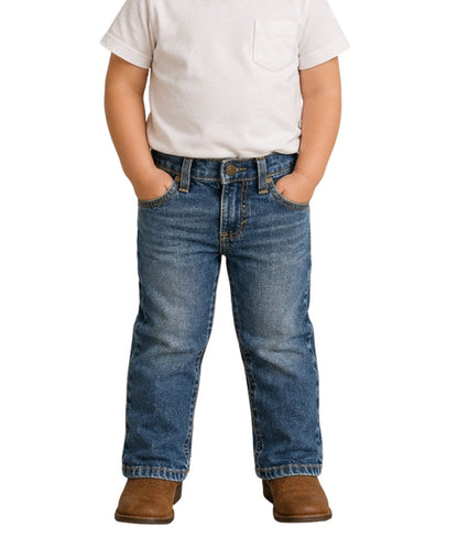 Front view of the toddler boy's dark wash retro slim boot cut jean
