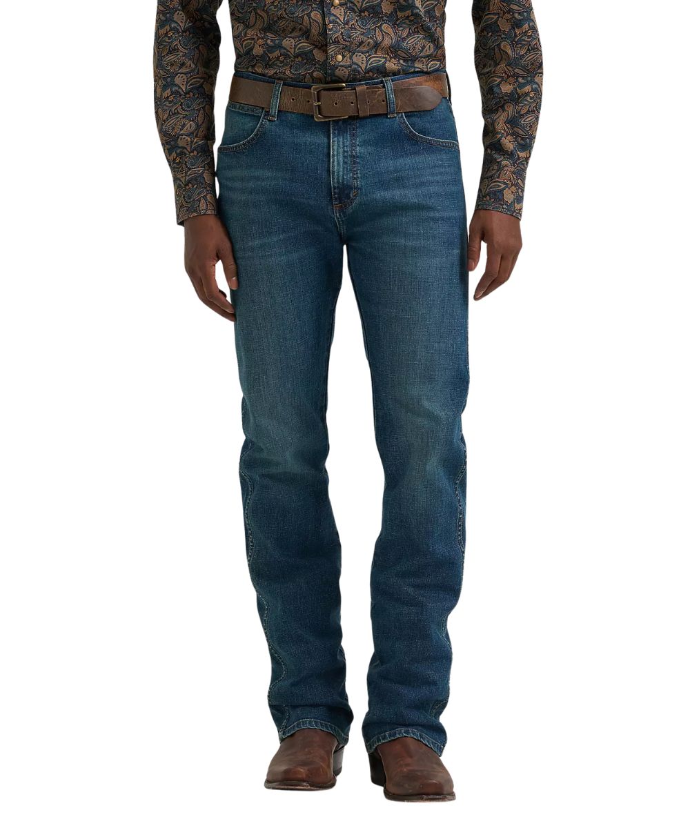 Front view of the men's retro slim boot cut jean in a dark wash