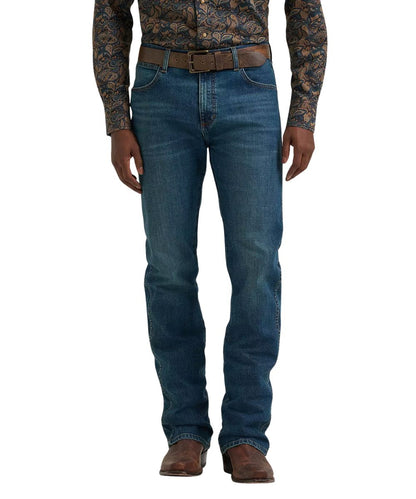 Front view of the men's retro slim boot cut jean in a dark wash