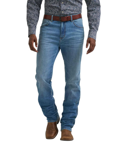 Front view of the men's medium wash slim straight leg jean
