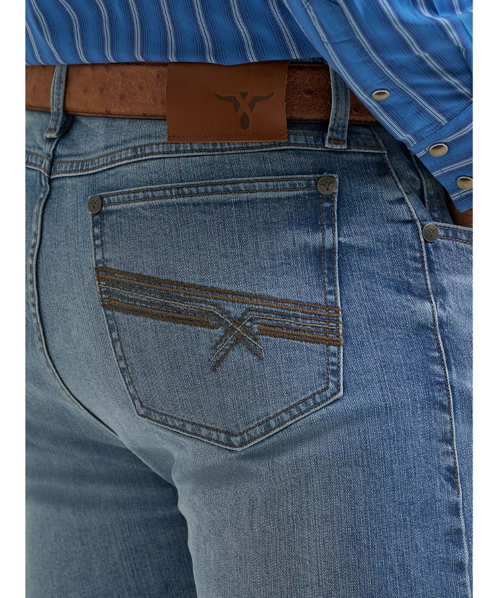 Close-up view of the bold embroidered back pockets