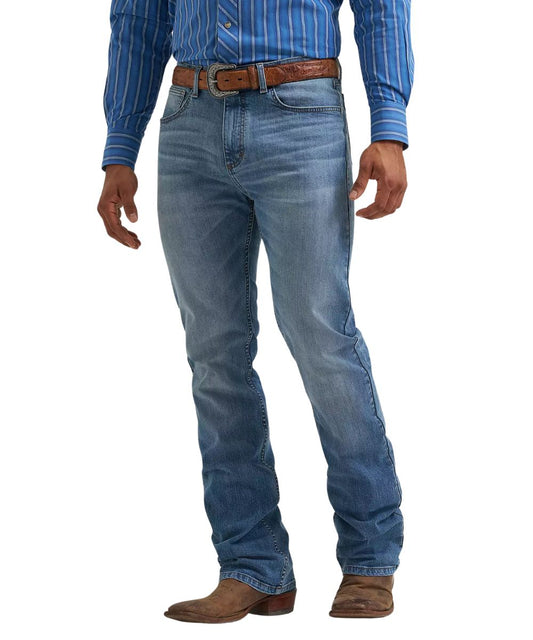 Front view of the men's Wrangler 20X No. 42 Vintage Boot Cut Jean in a topsail medium wash