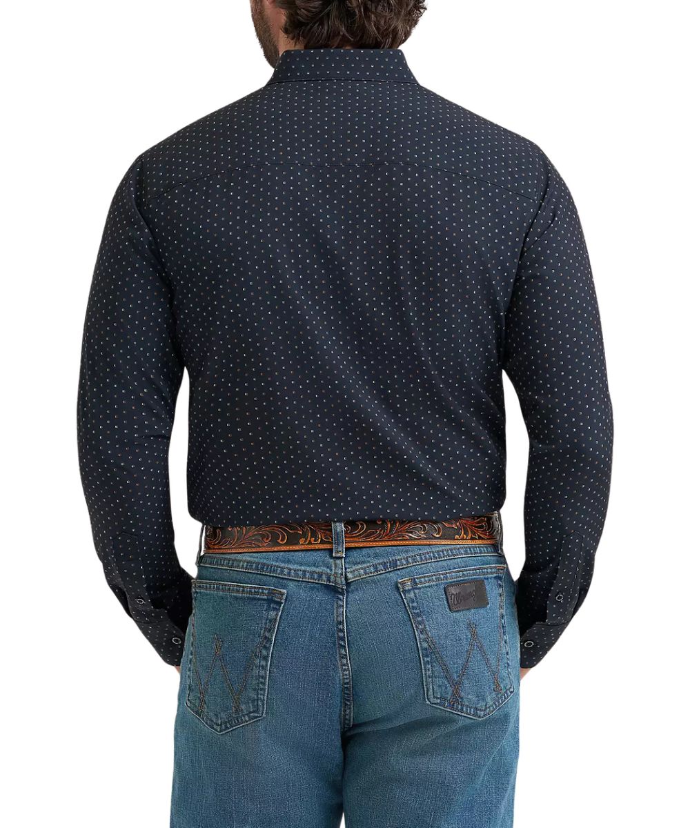 Back view of the men's black long sleeve button down shirt featuring the classic fit and straight back yoke