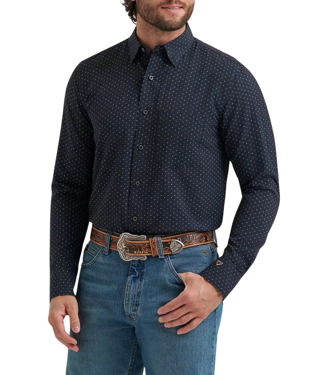 Front view of the men's Wrangler Cody Johnson Black Performance Button Down Shirt featuring the d spot print