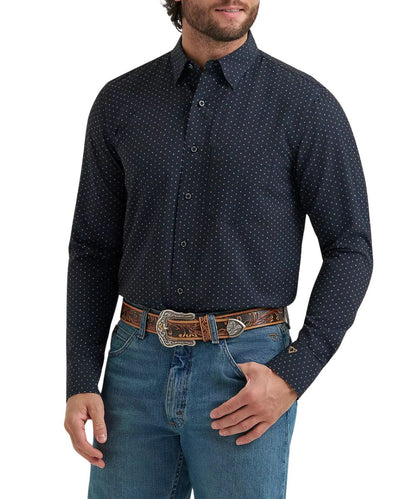 Front view of the men's Wrangler Cody Johnson Black Performance Button Down Shirt featuring the d spot print