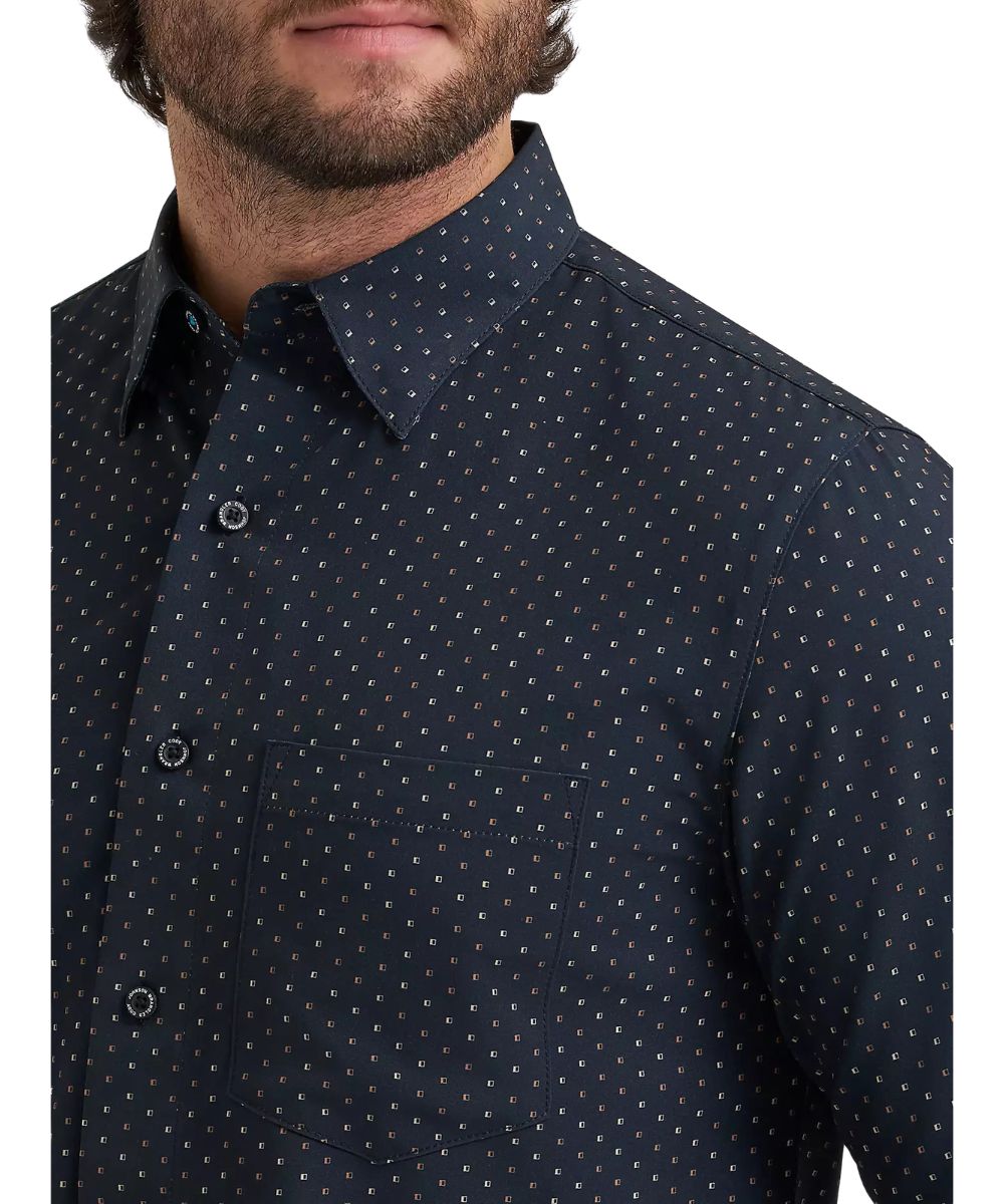 Close-up view of the single open chest pocket, the spread collar, and d spot print