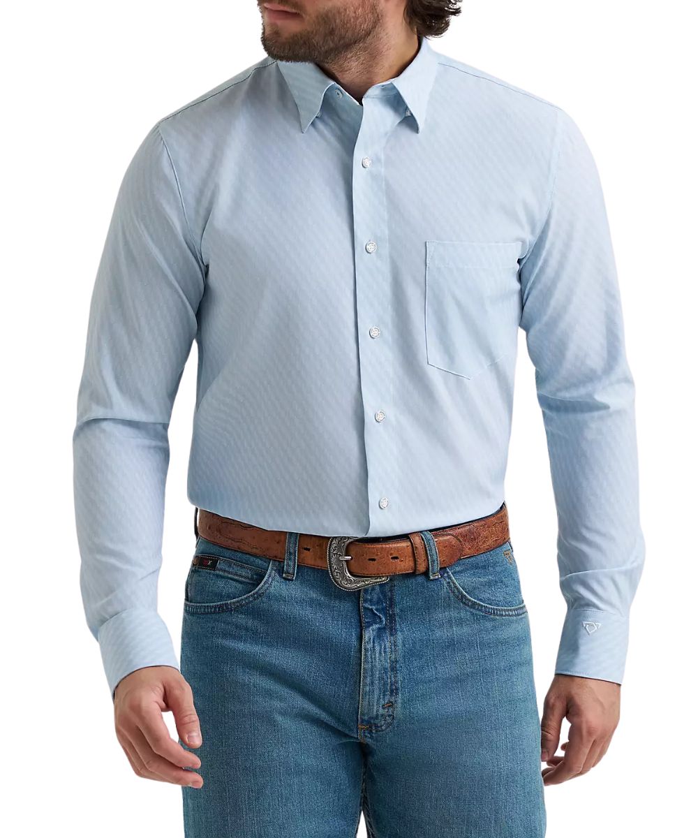 Front view of the men's classic fit long sleeve performance button down shirt