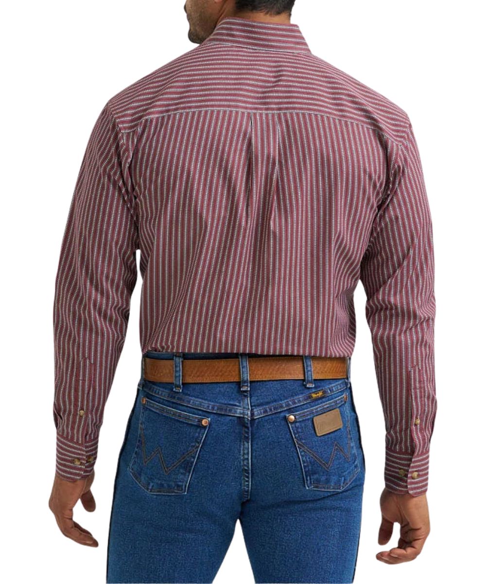 Back view of the men's red long sleeve shirt featuring the straight back yoke with a box pleat