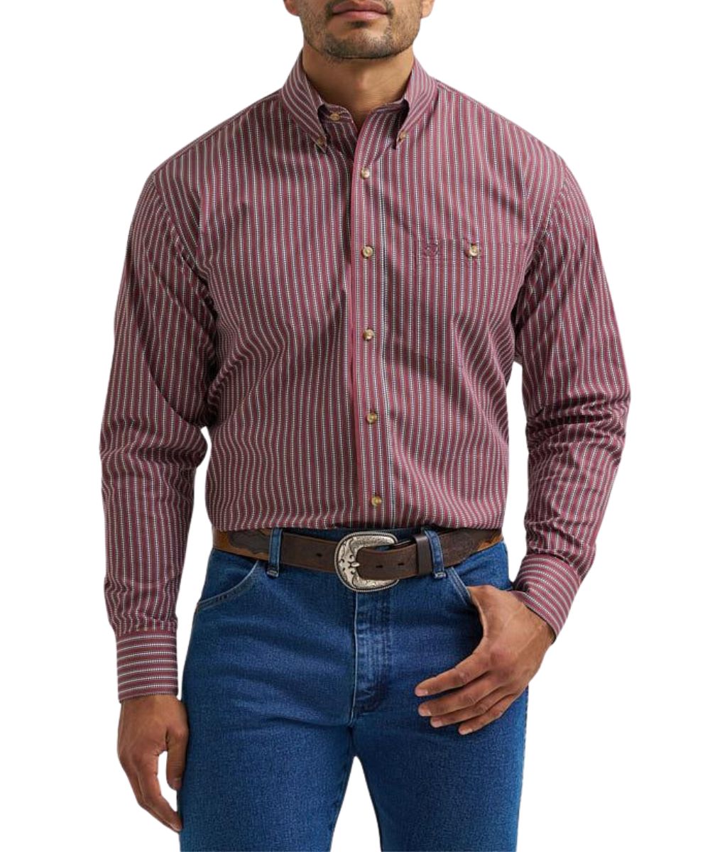 Front view of the men's Wrangler Classic Long Sleeve Button Down Shirt in a red striped print featuring the relaxed fit