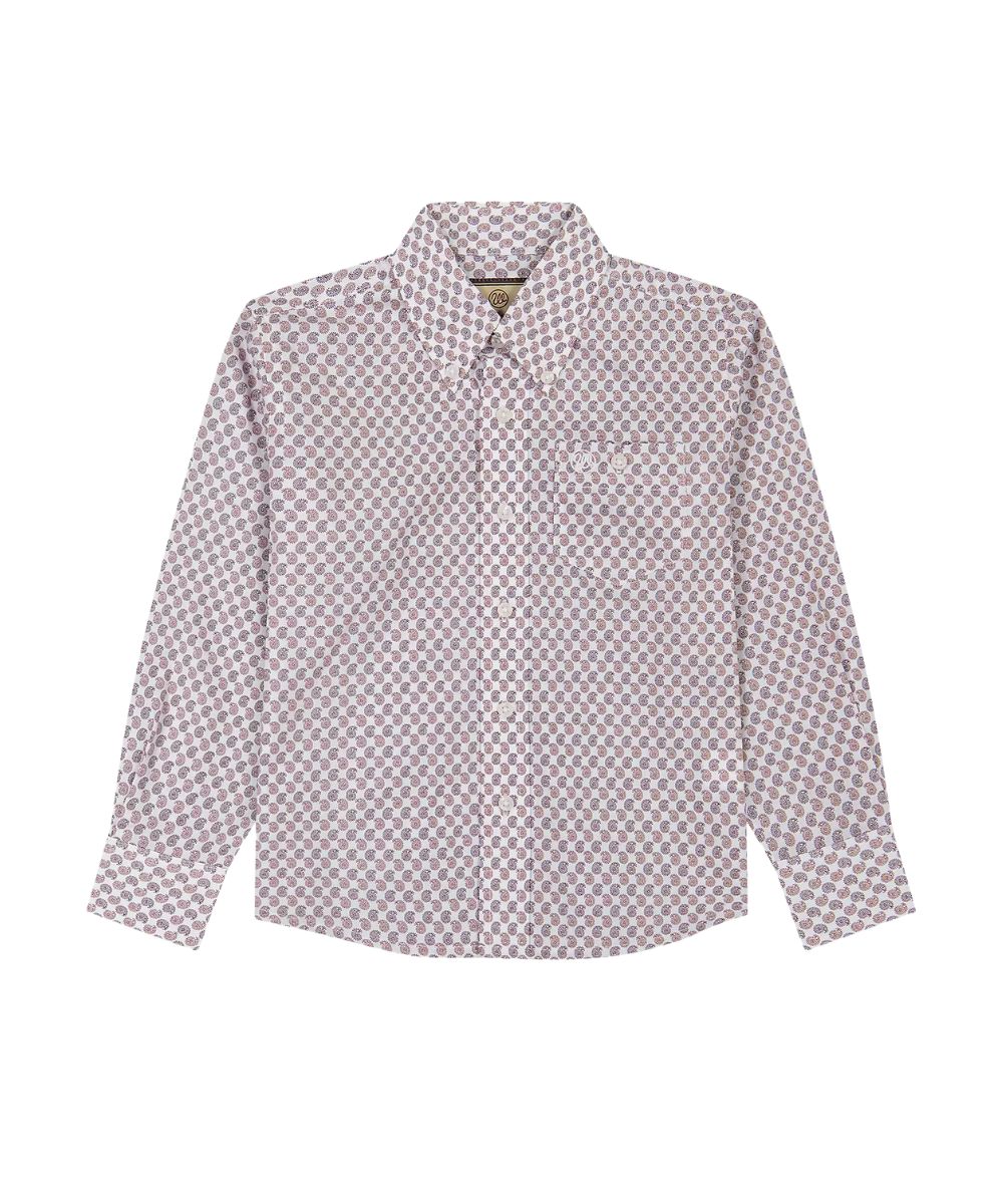 Front view of the boy's long sleeve button down shirt featuring a red geo print