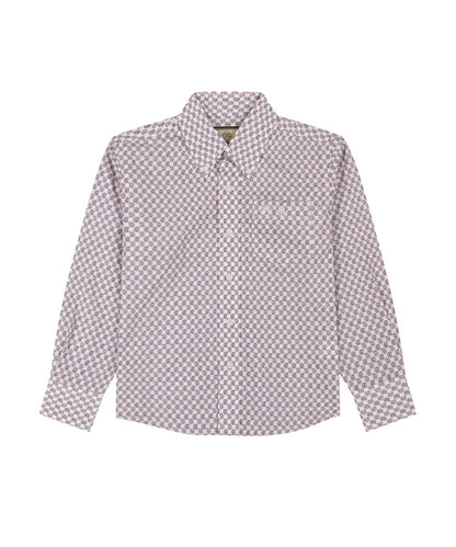 Front view of the boy's long sleeve button down shirt featuring a red geo print