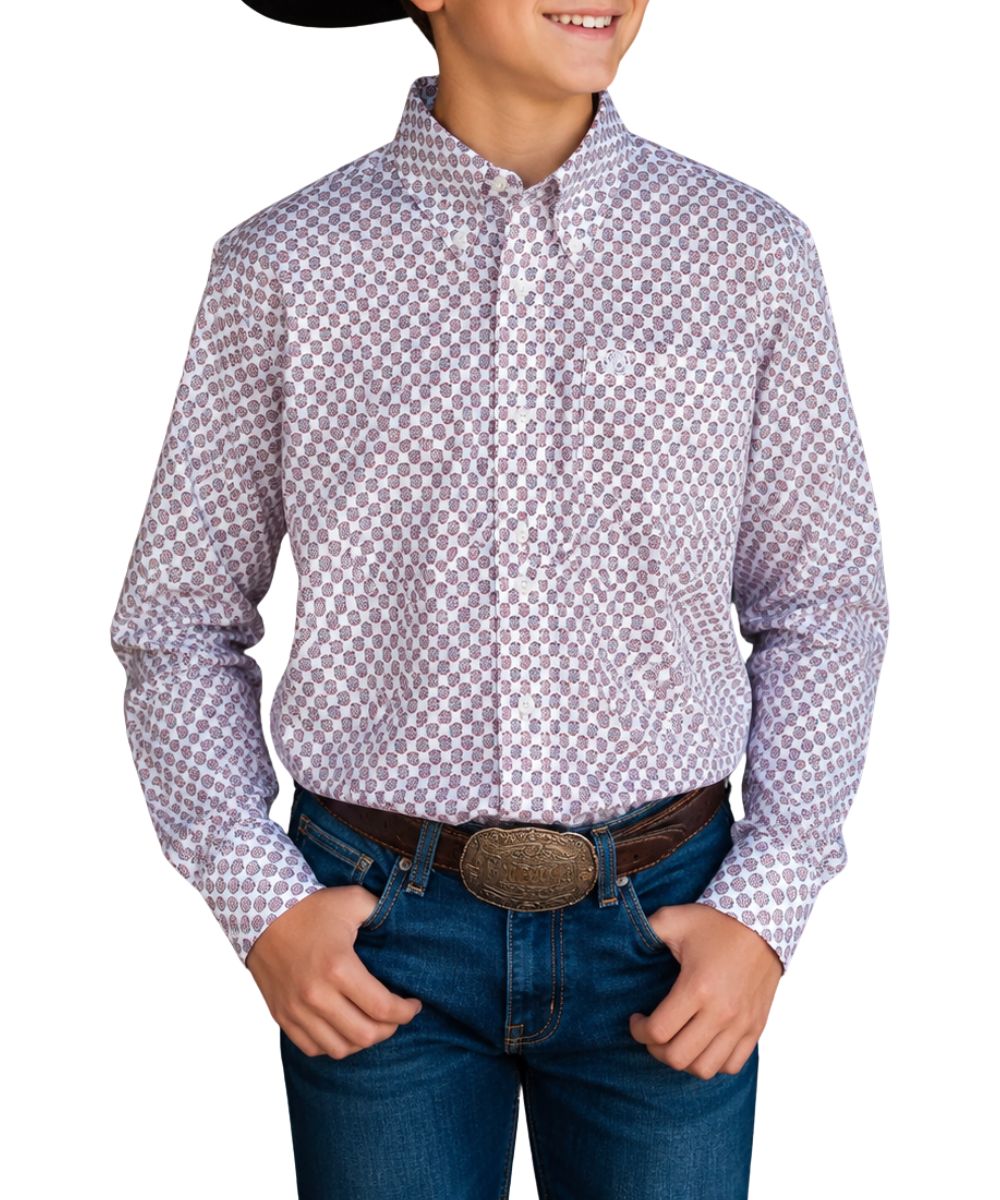 Model view of the boy's red geo printed long sleeve button down shirt