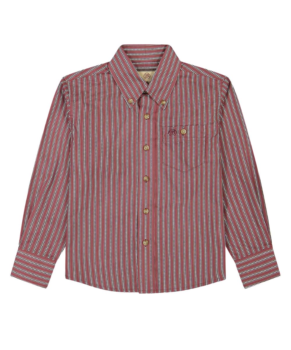 Flat view of the boy's Wrangler Red Striped Button Down Shirt featuring the chest pocket, button down collar, and vertical striped print