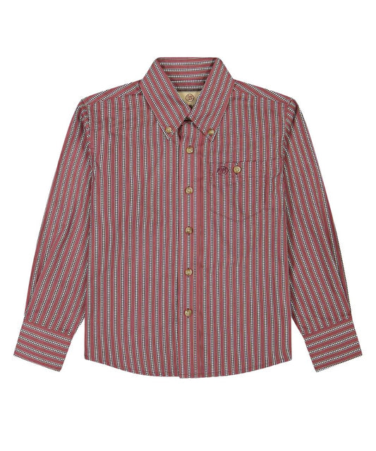 Flat view of the boy's Wrangler Red Striped Button Down Shirt featuring the chest pocket, button down collar, and vertical striped print