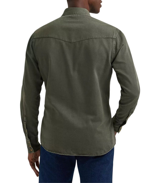 Back view of the men's olive denim western snap shirt featuring the single point western yokes