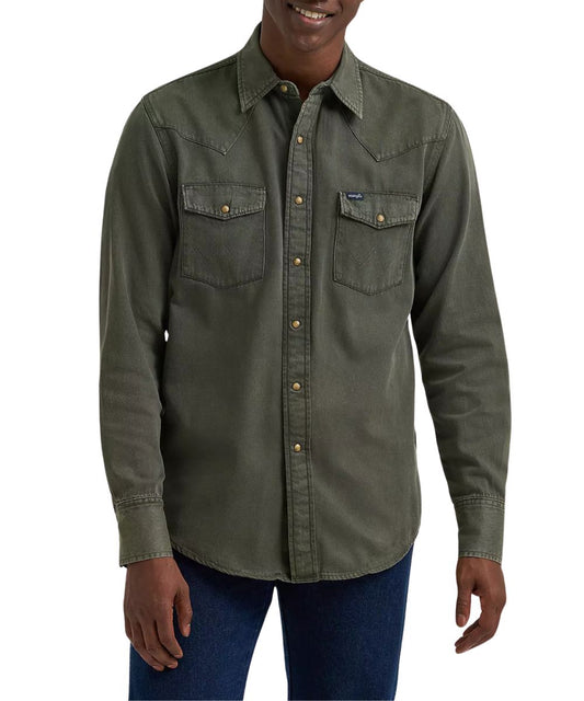 Front view of the men's colorwash olive denim western snap shirt featuring the classic fit