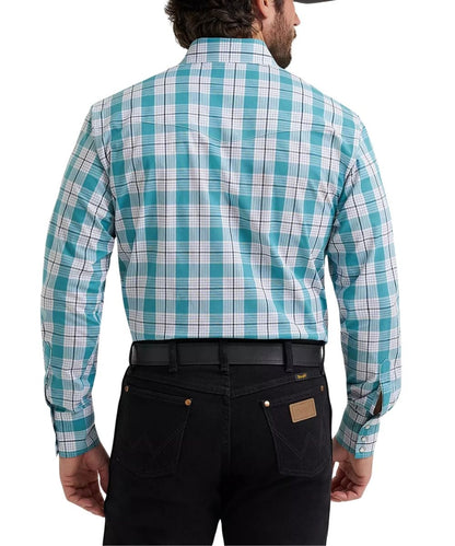 Rear view of a man wearing a turquoise, white, and gray plaid long-sleeve button-down shirt tucked into black jeans with a black belt, on a white studio background.