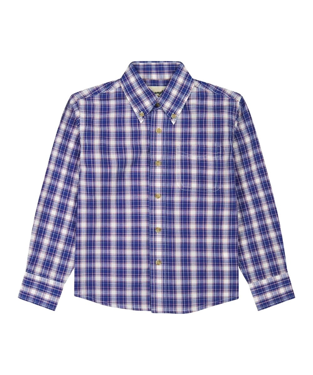 Flat view of the boy's Wrangler Riata Blue Plaid Button Down Shirt featuring the long sleeves, button down collar, and chest pocket
