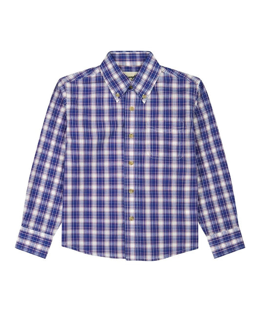Flat view of the boy's Wrangler Riata Blue Plaid Button Down Shirt featuring the long sleeves, button down collar, and chest pocket