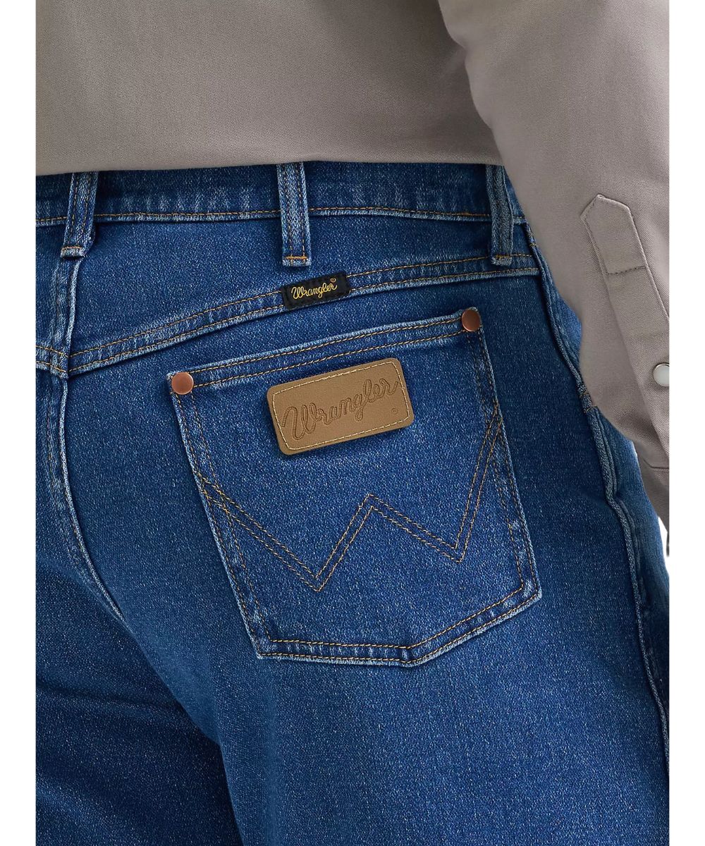 Close-up view of the back pockets featuring the logo stitching and leather logo patch