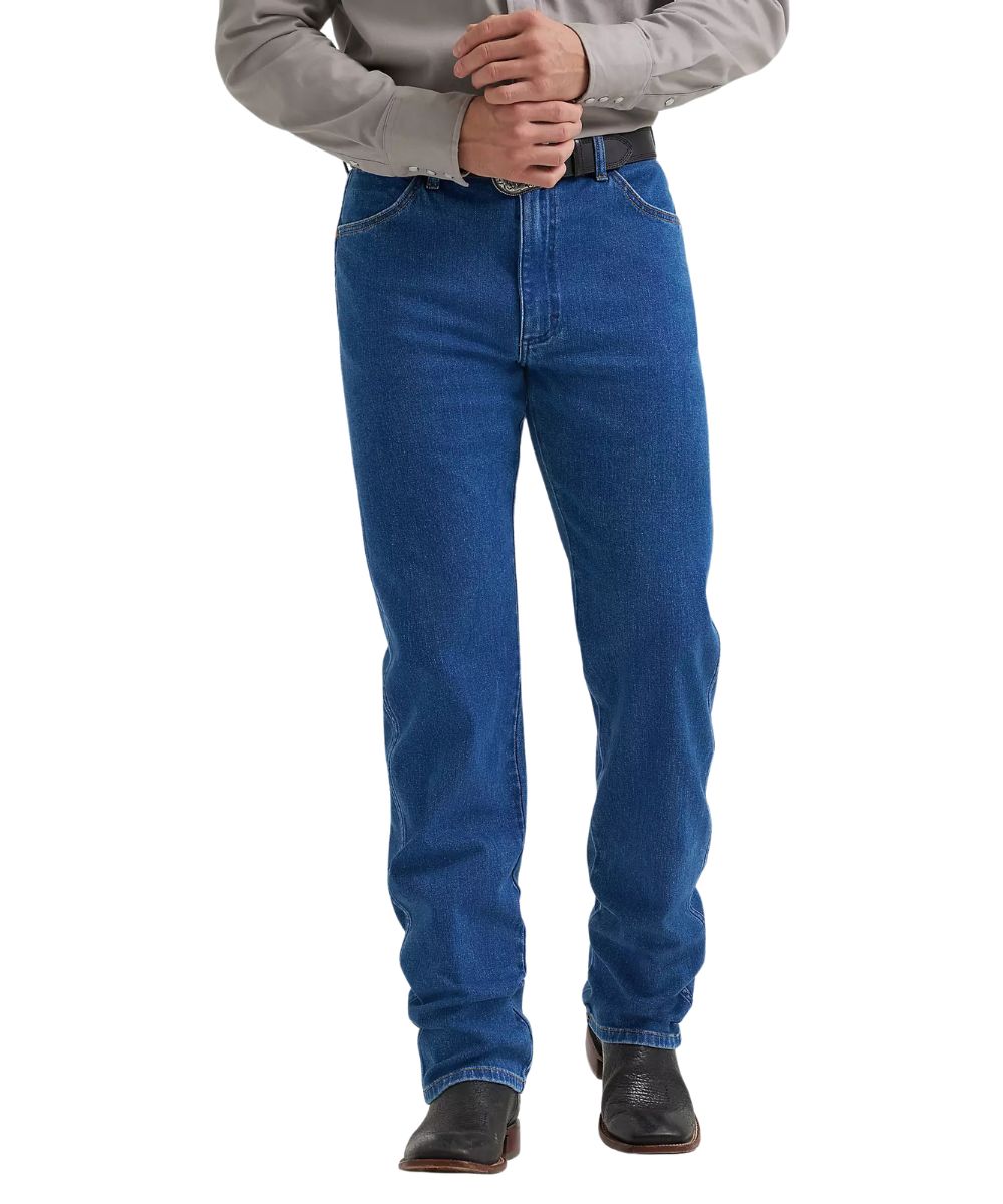 Front view of the men's Wrangler Toughlite Cowboy Cut Original Fit Jean featuring the abrasion resistant durability and lightweight denim